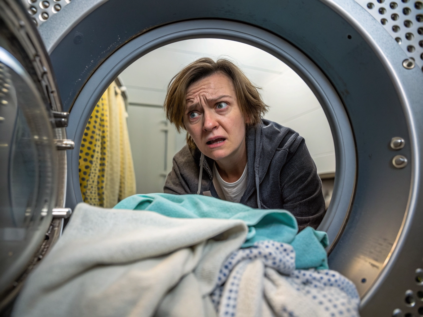 Lady checking inside the washing machine to find out why her washing smells